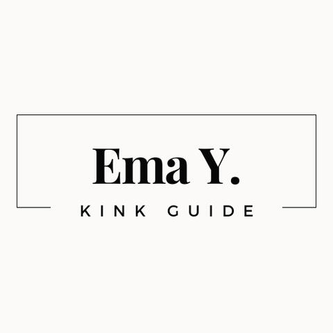 Minimalist, black and white image of this kink educator's logo that says "Ema Y. Kink Guide"